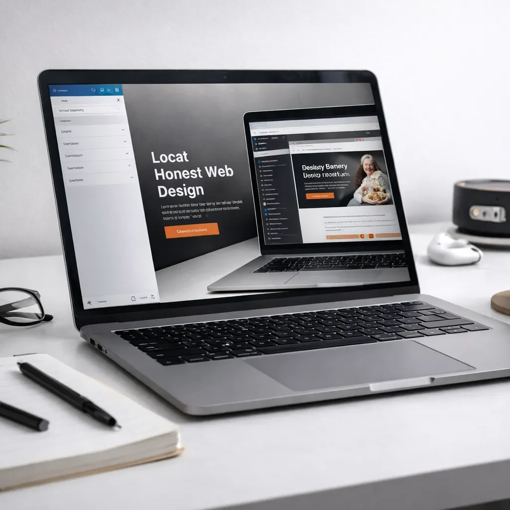 Minimal professional workspace showing a custom WordPress website design on a laptop, representing local and honest web design for small businesses.