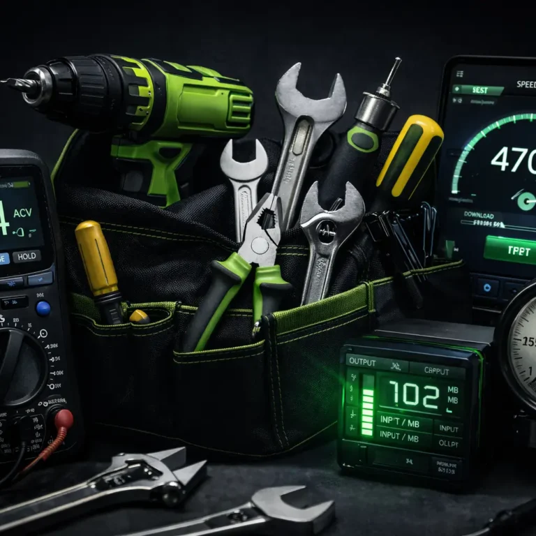 Tool bag with hand tools, digital meters, and speed gauges representing Virtual Toolbox utilities