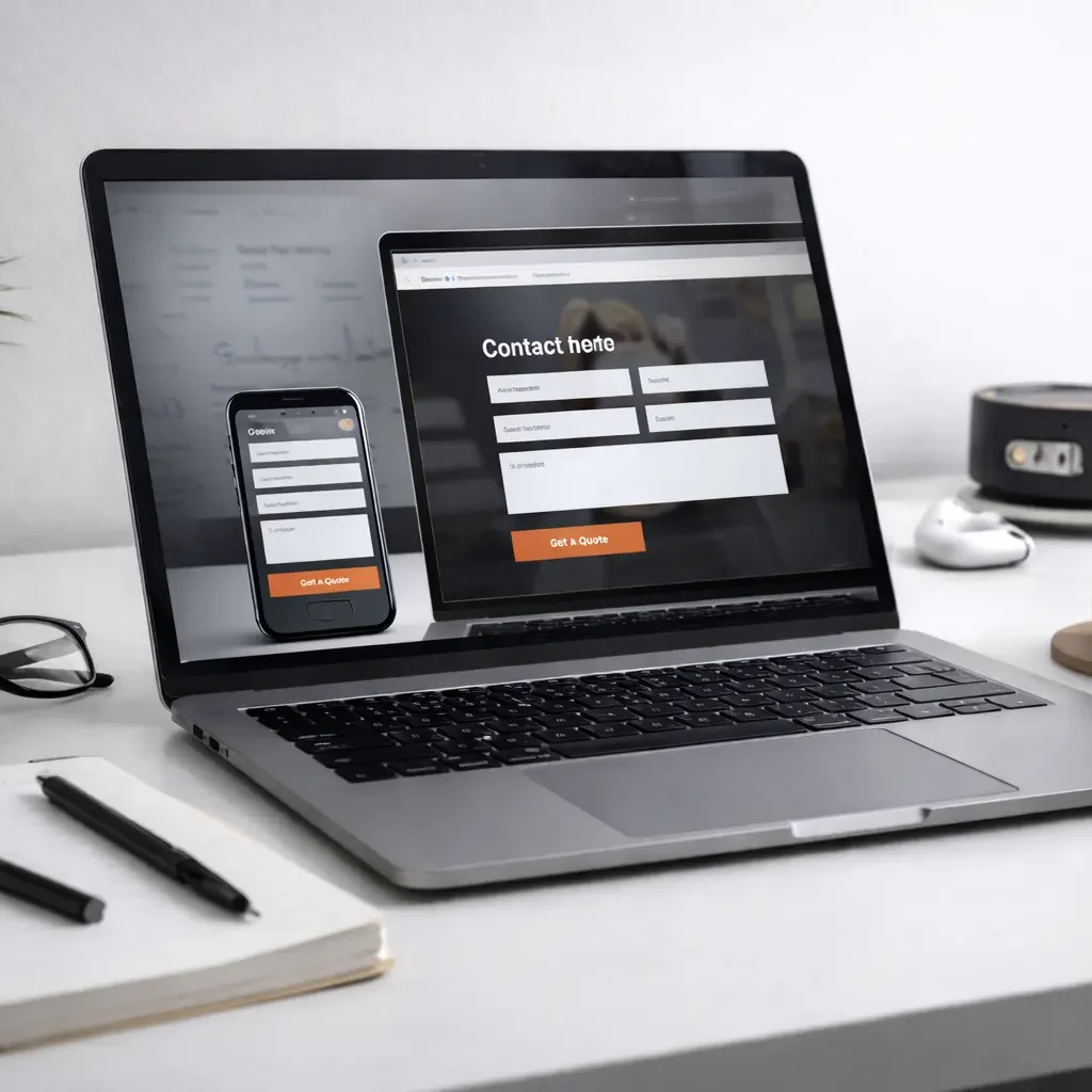 Modern workspace showing a laptop and mobile phone displaying a website contact form and call-to-action, designed to turn visitors into inquiries.