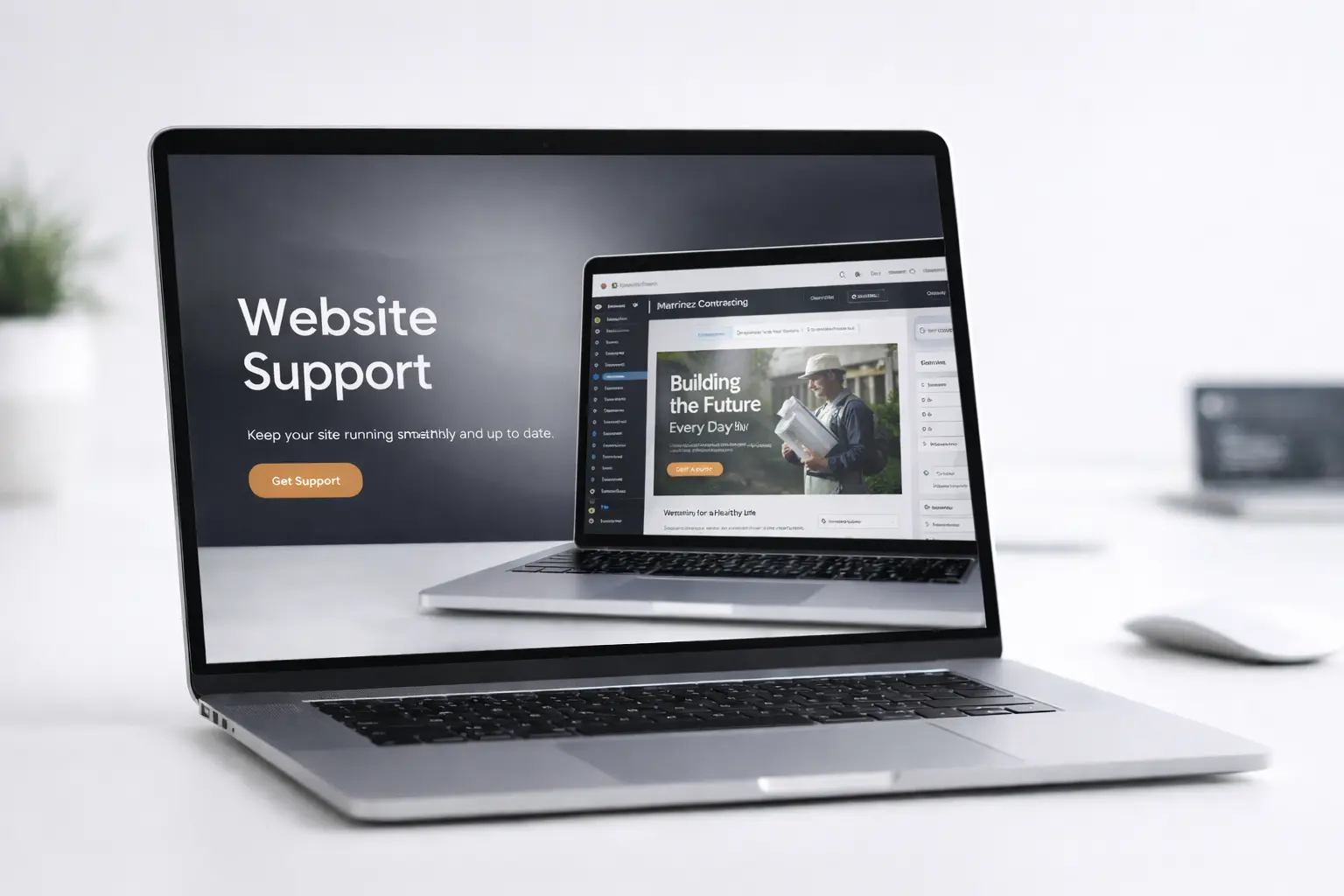 Laptop displaying a professional WordPress website dashboard, representing ongoing website support and maintenance services for local businesses in Quincy, Illinois.