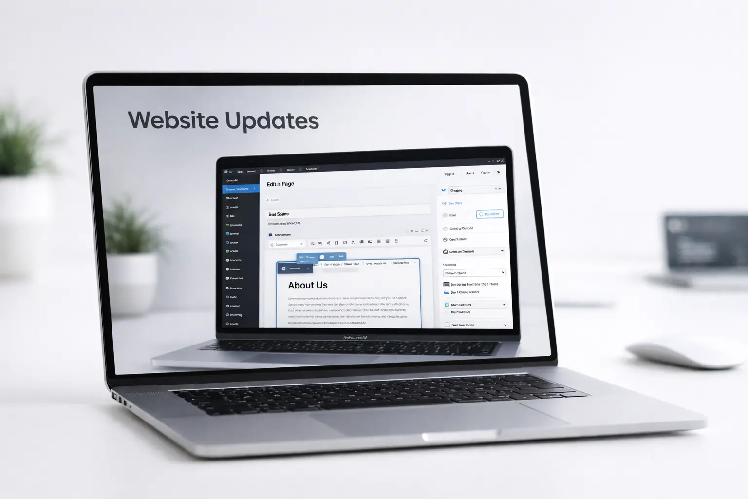 Laptop displaying the WordPress editor with an About Us page being updated, representing website update services for local businesses in Quincy, Illinois.